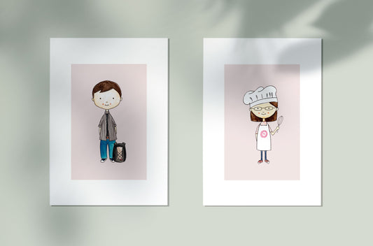 An image showing two individual portraits in watercolour. The man is working in tech and has a backpack at his feet, and the woman is a baker and is holding a whisk.