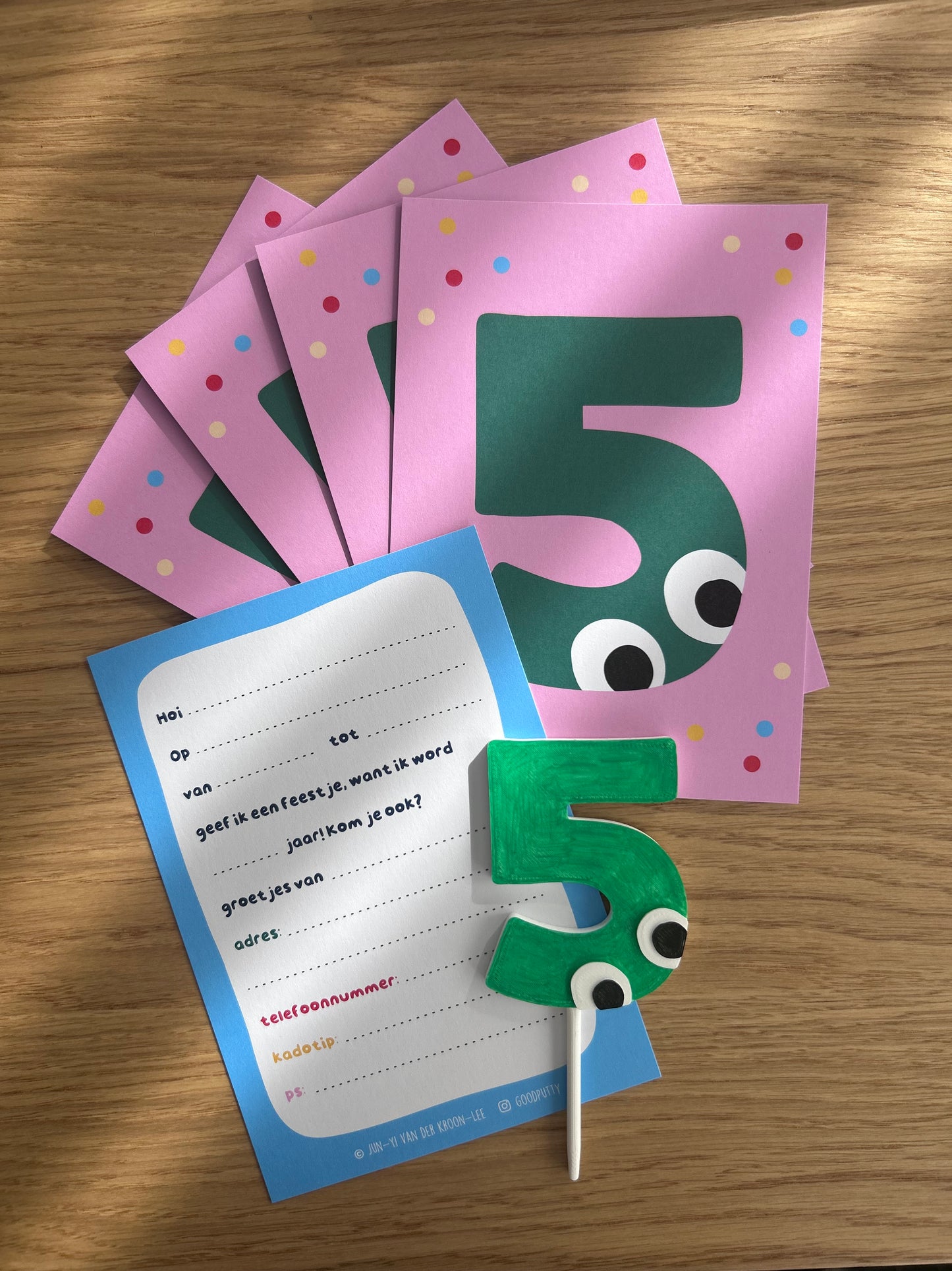 5th Birthday Party Set – Number "5" Invite Pack + Cake Topper