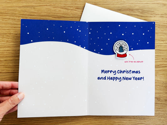 Christmas Card with Snowglobe Iron-On Patch – A5 Greeting Card with Mini Keepsake