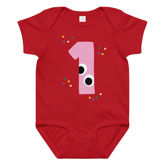 Red baby onesie with a pink number '1' design on a white background