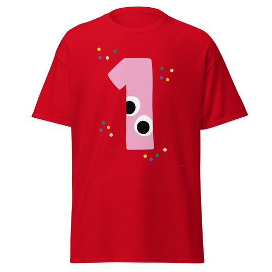 Red t-shirt with a pink number '1' design for a first birthday party