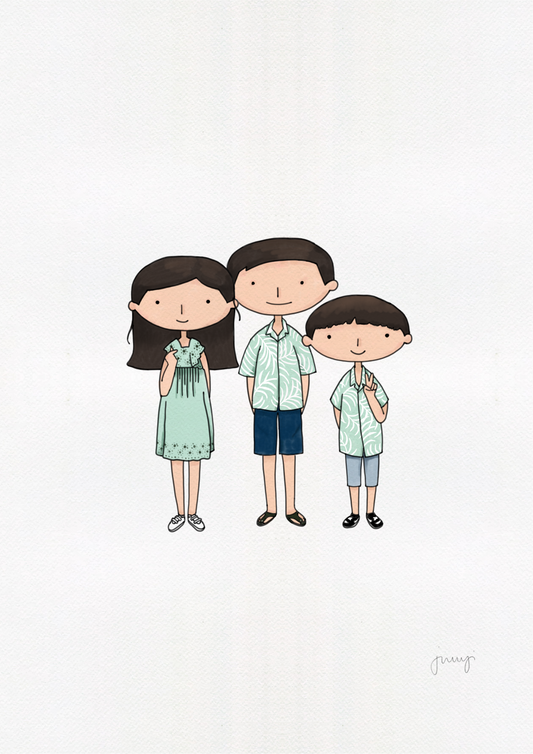 Personalised digital portrait of three children standing together on a white background