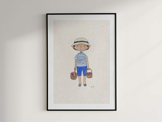 Framed artwork of a child holding baskets on a light background