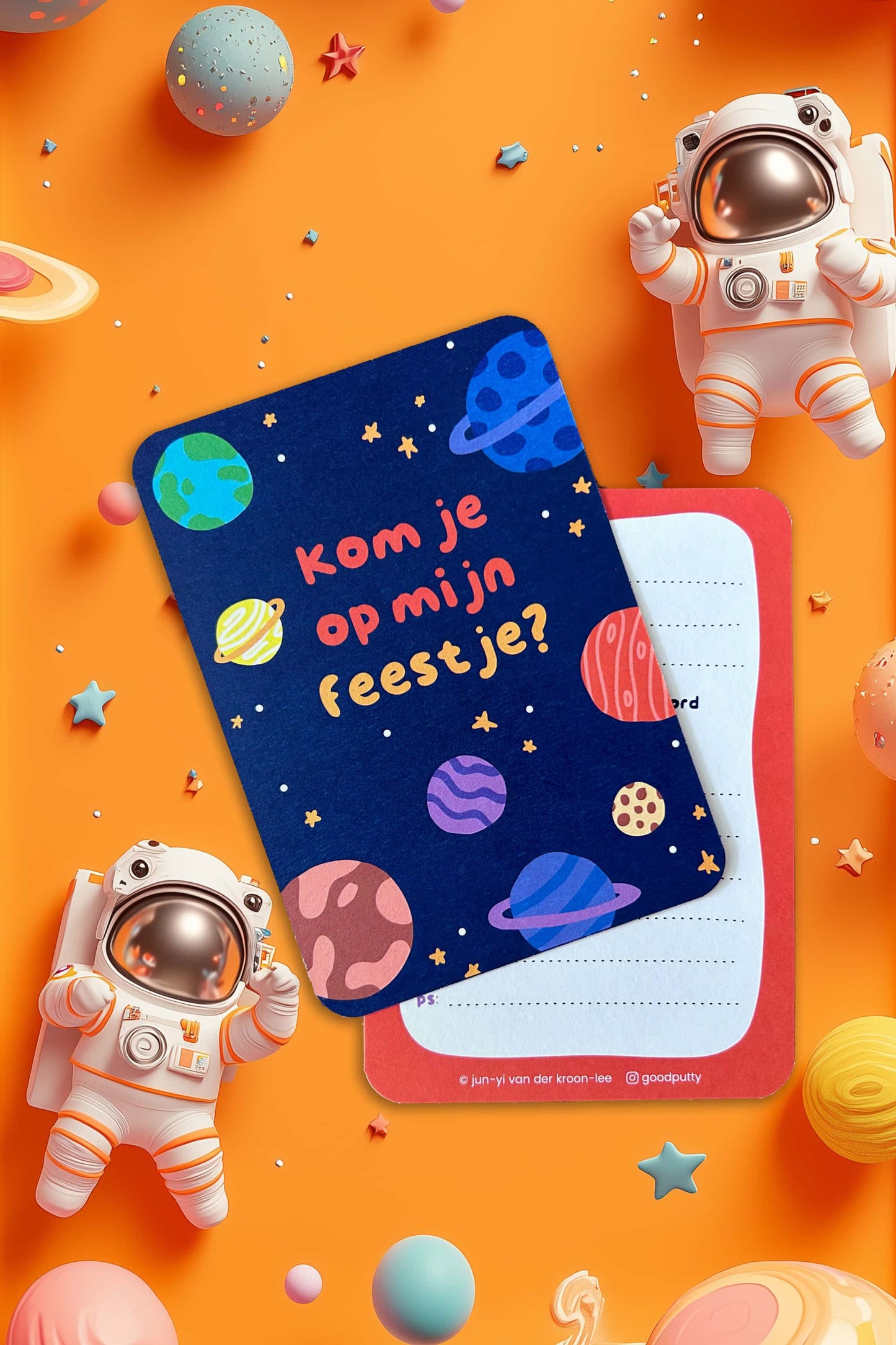 Space-themed birthday invitation card with astronauts and planets on an orange background