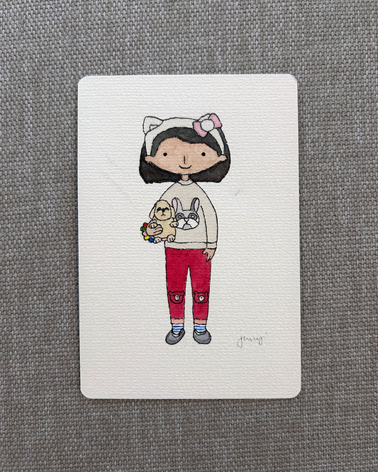 A custom watercolour portrait in postcard size of a little girl with her favourite soft toy