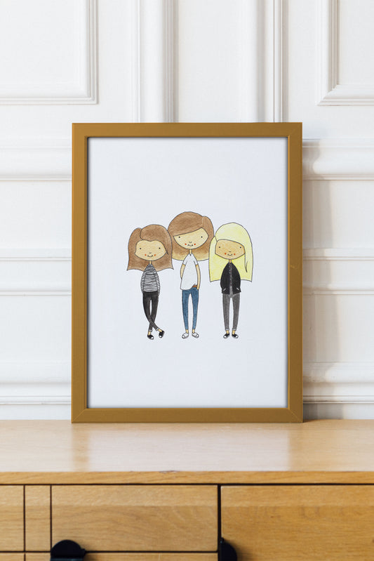 Image showing a framed portrait of three best friends painted in watercolour, personalised as a friendship gift