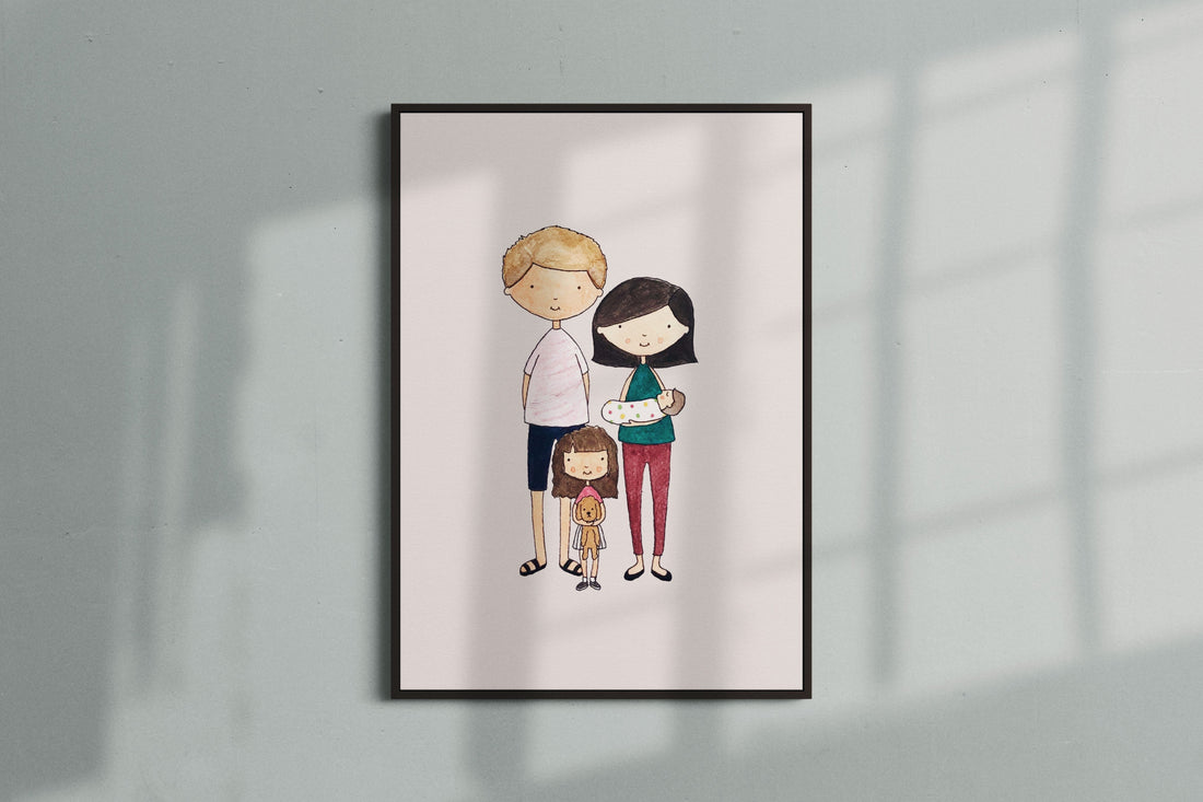 An image showing a personalised portrait of a family done in watercolour. There is a father, mother, child and baby. The child is holding a soft toy