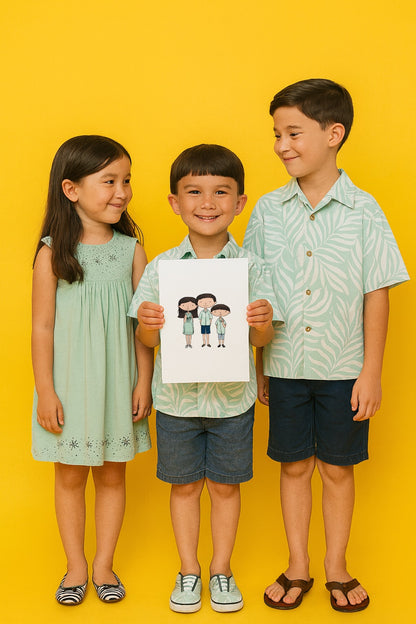 Three children standing together on a yellow background, with one child holding a personalised digital portrait of three people.