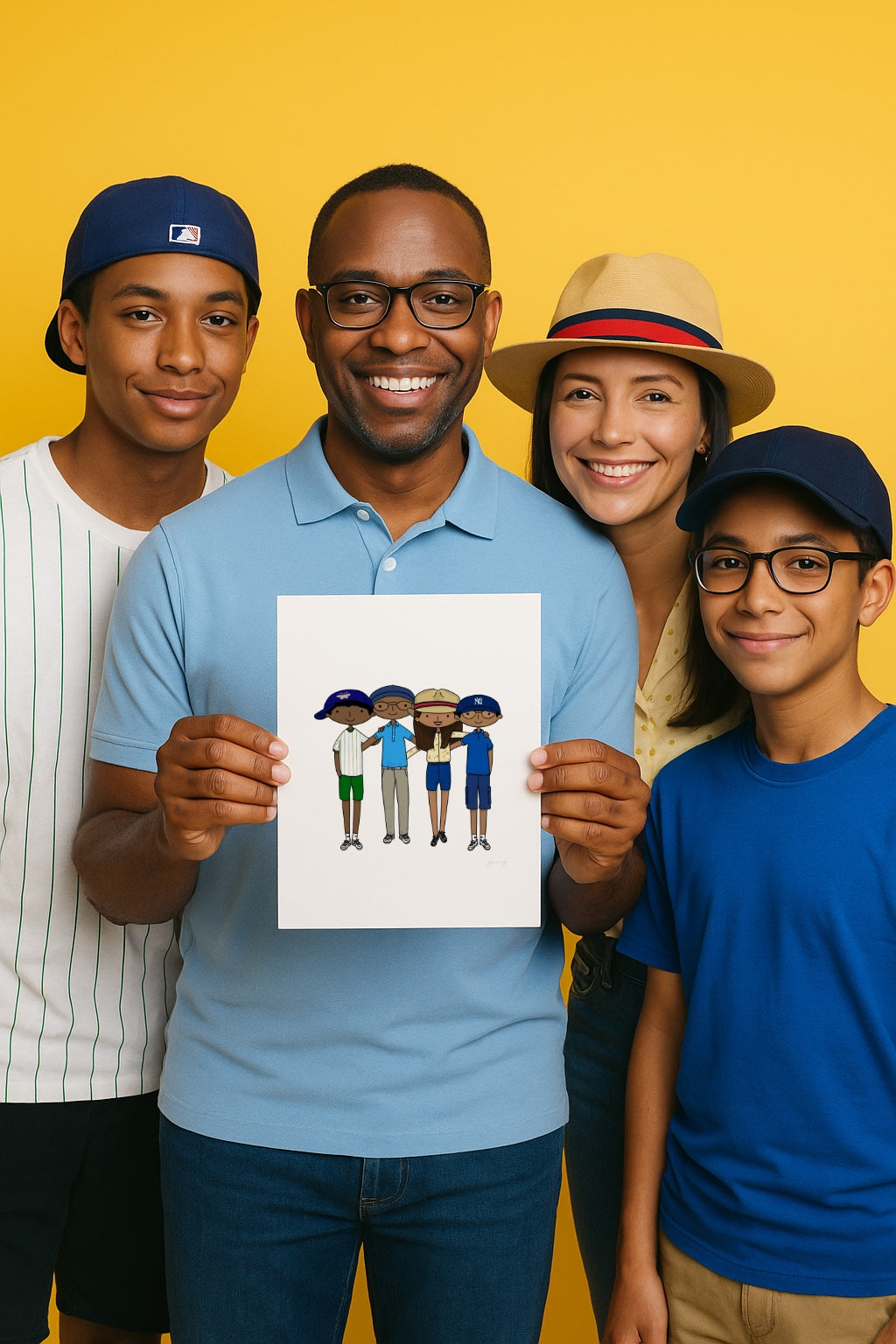 Family of four holding a custom portrait of themselves against a yellow background