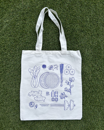 Illustrated Food Tote Bag – Hand-Drawn Asian Ingredients Design