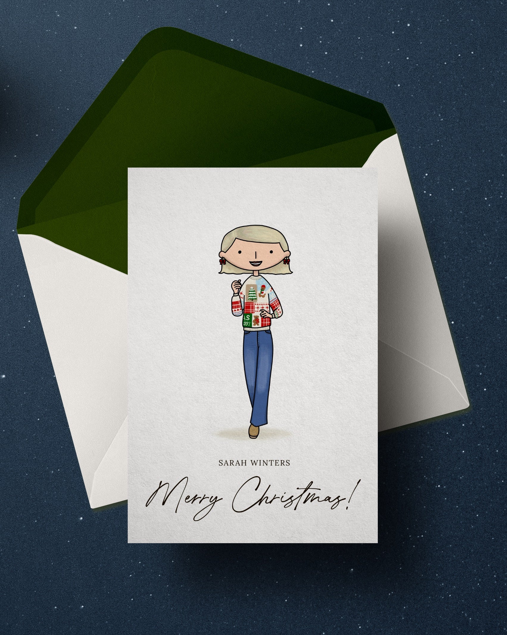personalised Christmas card with a custom portrait illustration wearing a colorful sweater, envelope on a dark blue background