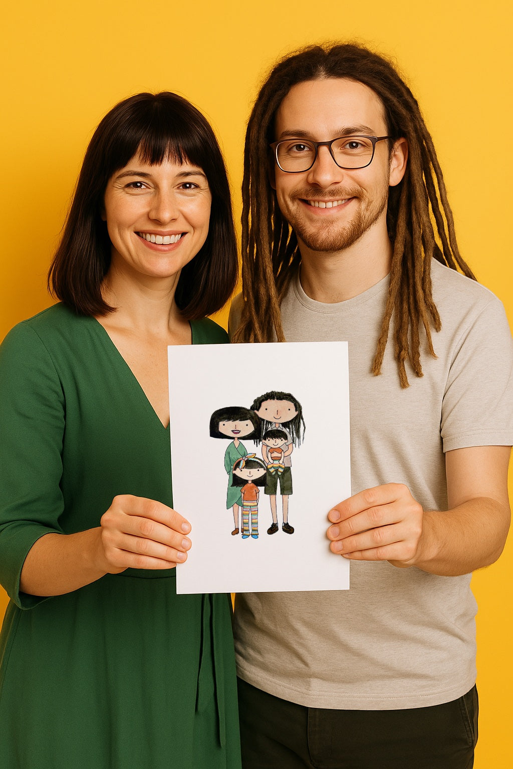 Two people holding a custom watercolour portrait of a family illustration against a yellow background