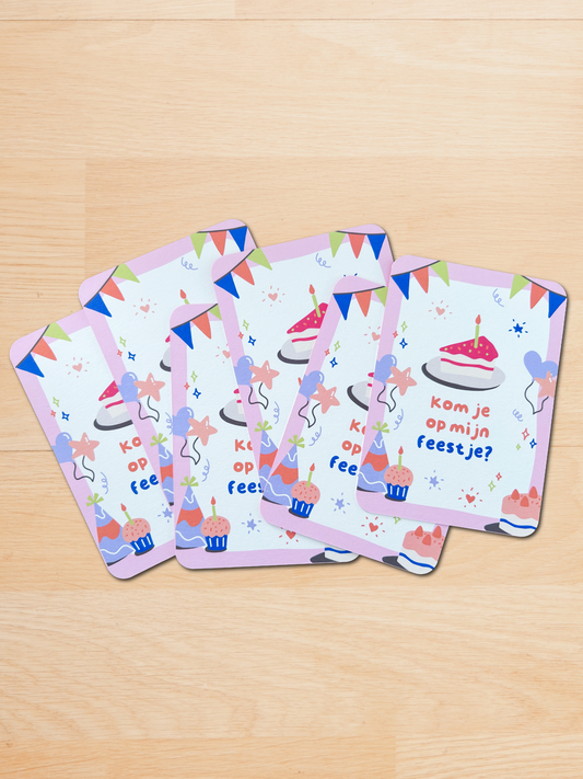 Uitnodigingen voor een verjaardag met taart en ballon – roze thema (set van 6)