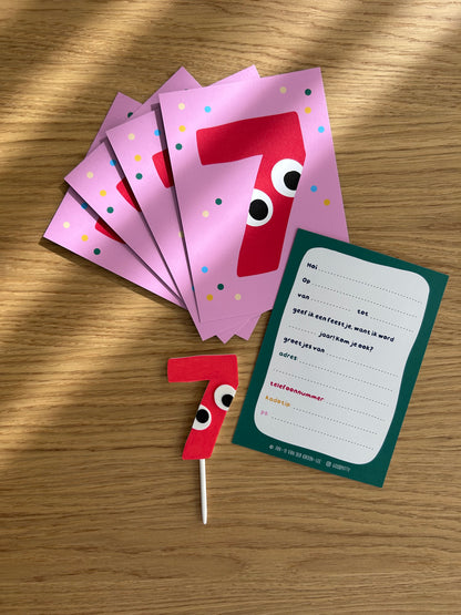 7th Birthday Party Set – Invites + Cake Topper