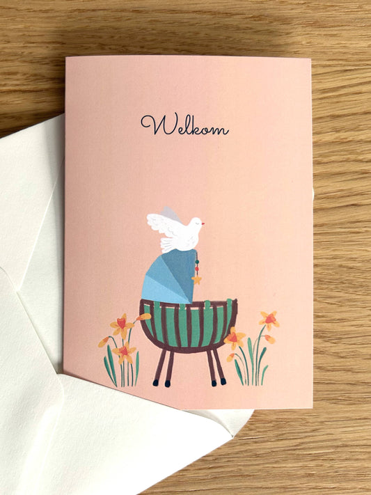 Welcome Baby - Original Illustration with Crib and Dove