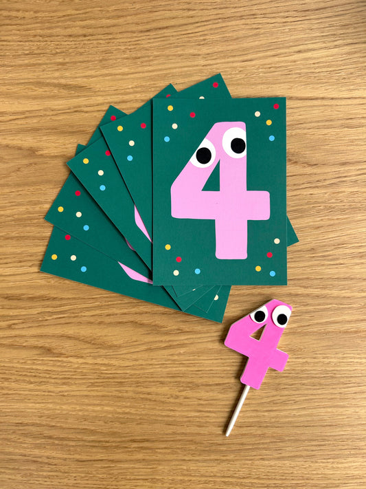 [Ships mid-August] Playful Birthday Party Set – Number 4 Invite Pack + Cake Topper
