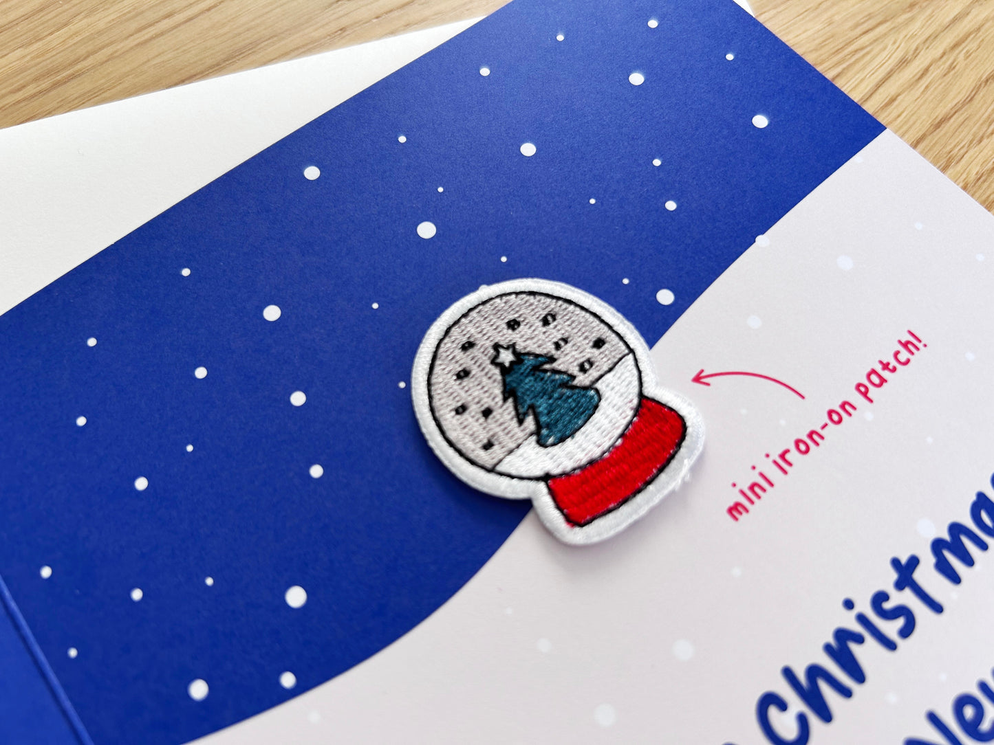 Christmas Card with Snowglobe Iron-On Patch – A5 Greeting Card with Mini Keepsake