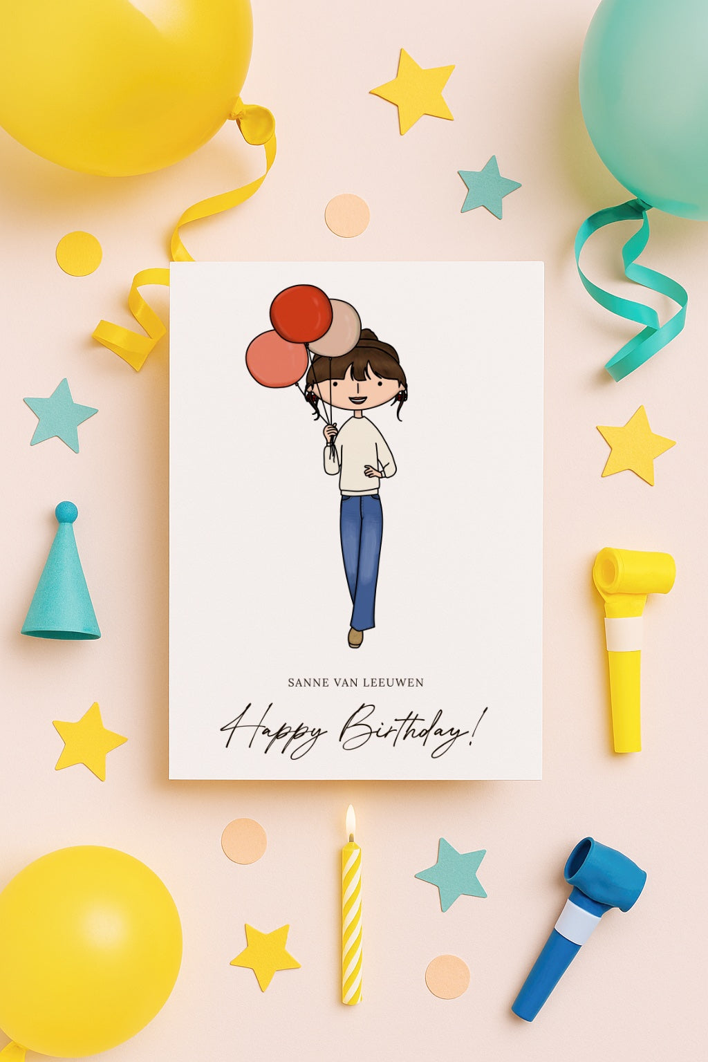 Birthday card with a portrait illustration of a girl holding balloons surrounded by party decorations on a light pink background.
