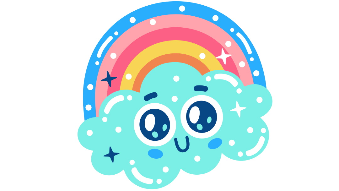 Cartoon cloud with rainbow and starry design on a white background