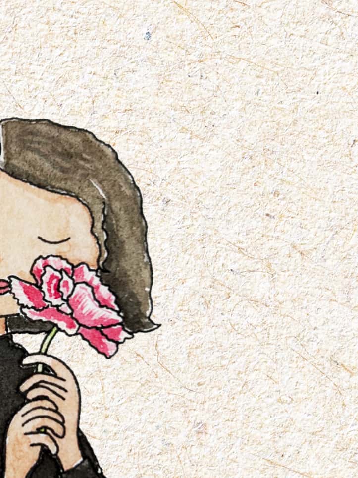Illustration of a person holding a pink flower against a textured beige background