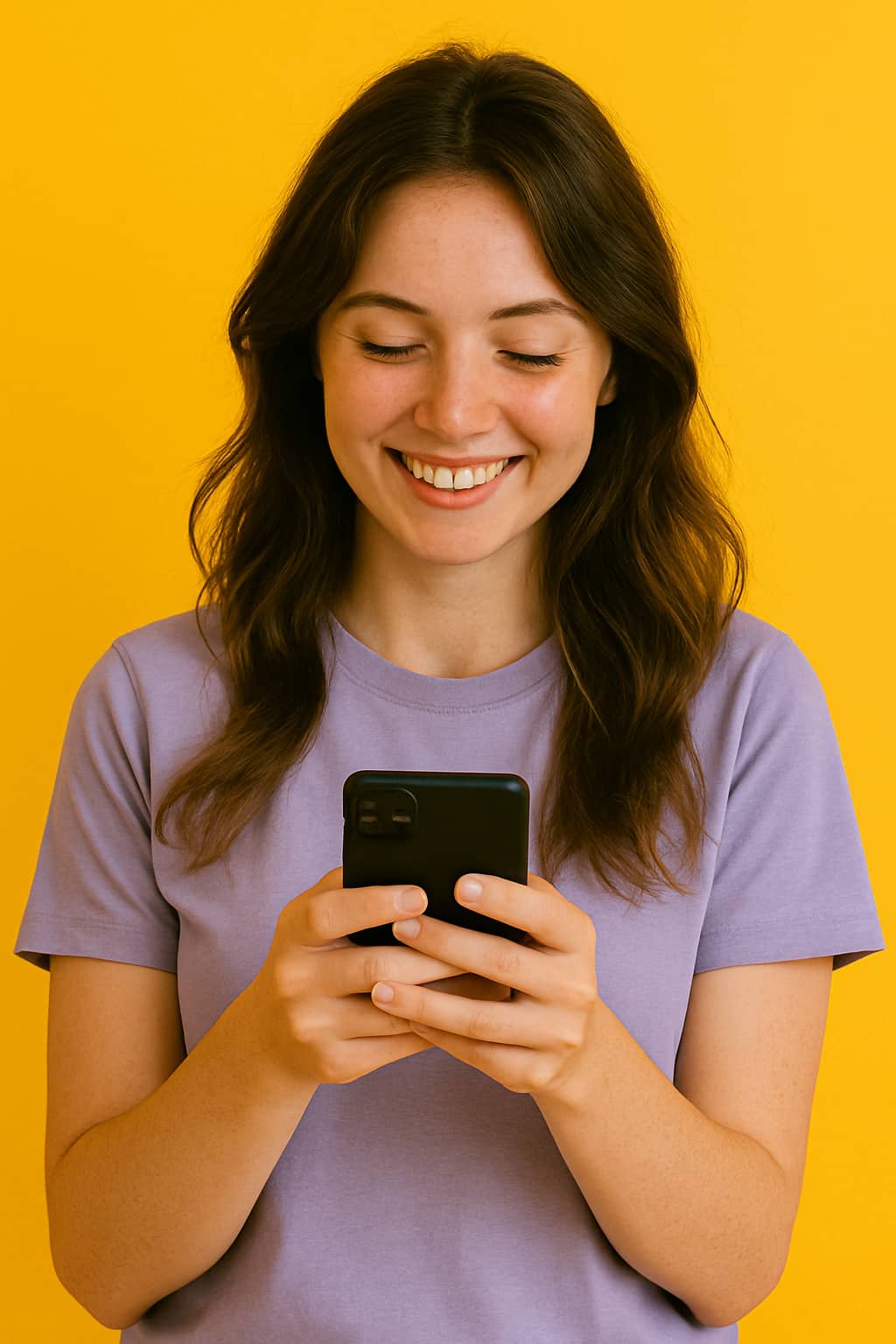 Girl looking at her phone reading a monthly newsletter Art Drops by Jun-Yi