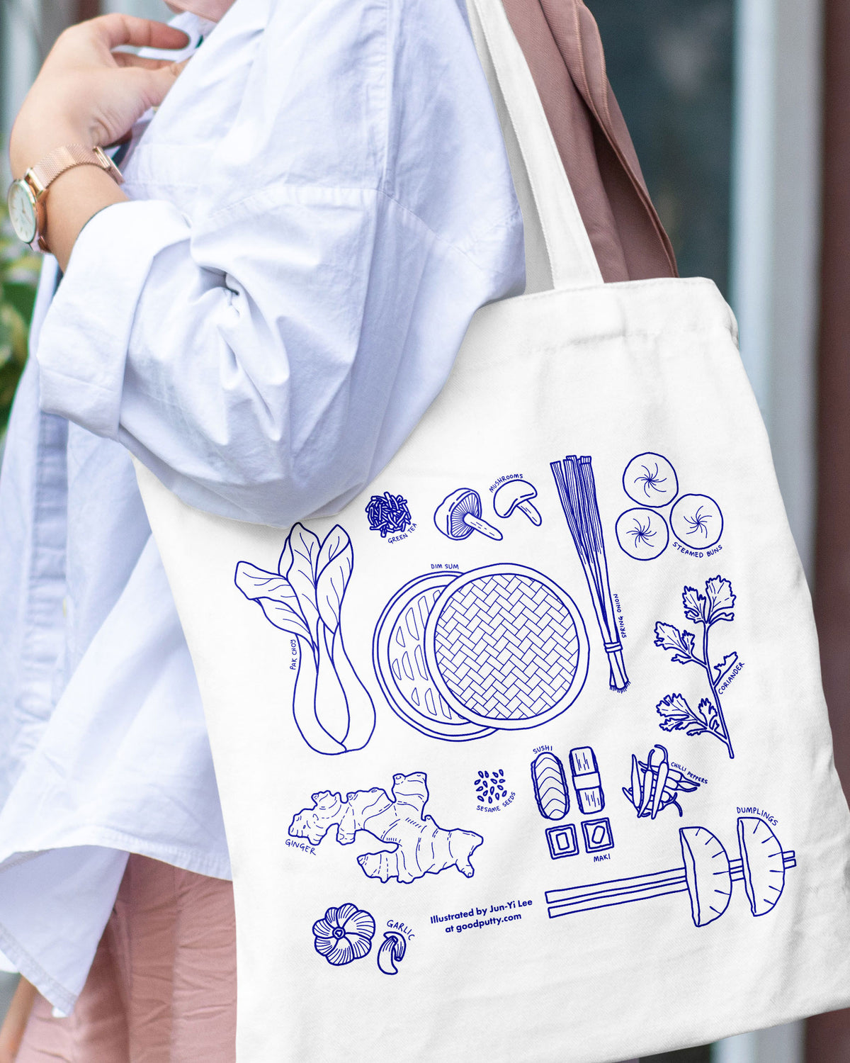 Illustrated Food Tote Bag – Hand-Drawn Asian Ingredients Design