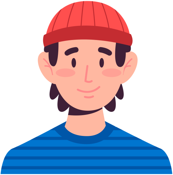 Cartoon character with a red cap and blue shirt on a purple background
