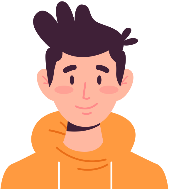 Cartoon character with dark hair and orange hoodie on a transparent background