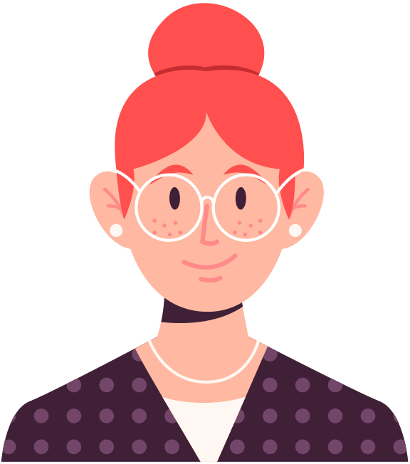Illustration of a person with red hair styled in a bun, wearing glasses and a polka dot outfit.