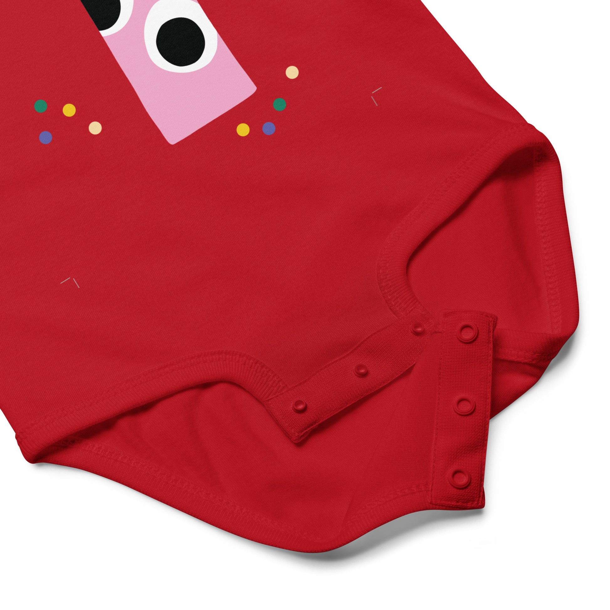 Red baby romper with colorful "1" design on a white background