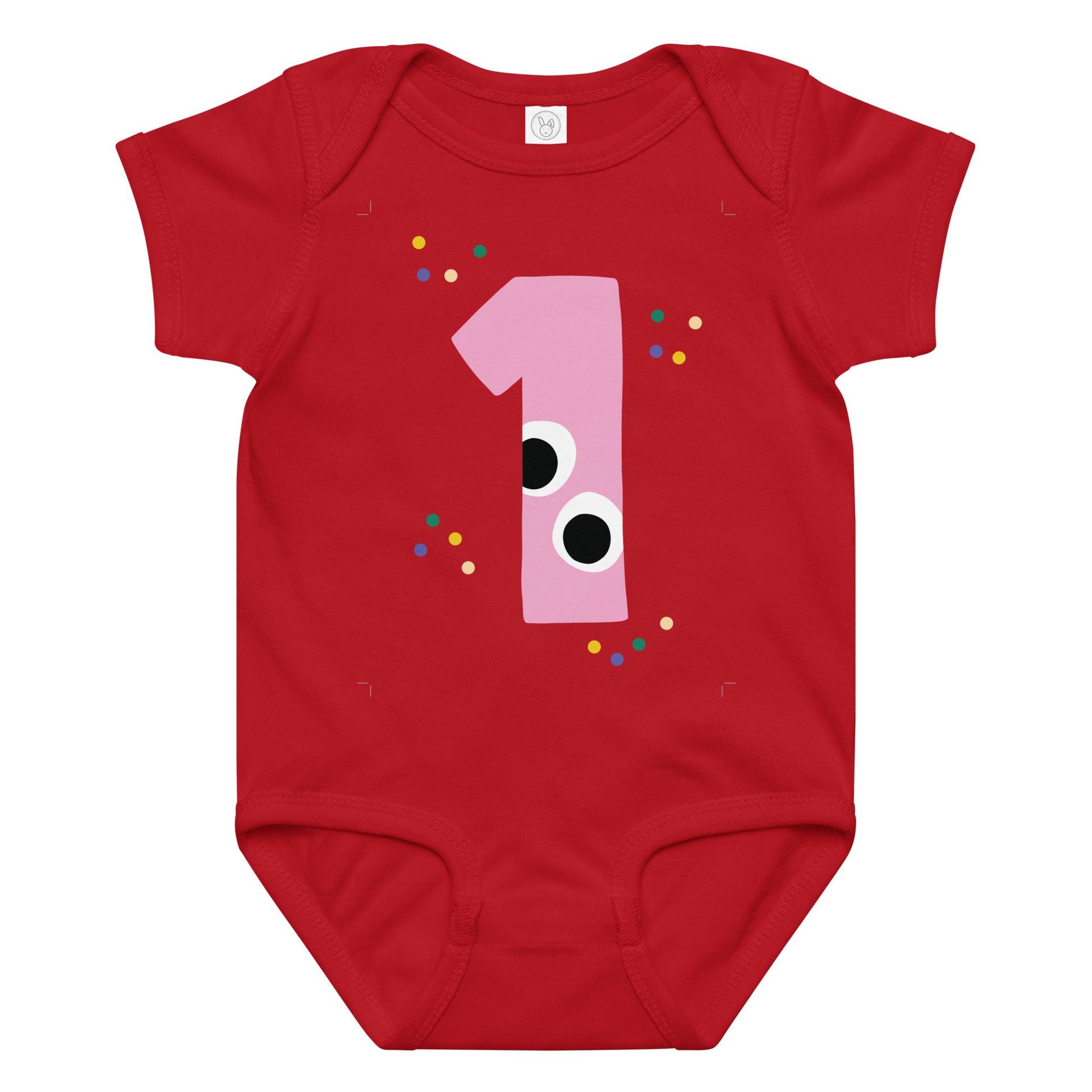 Red baby onesie with a pink number '1' design on a white background
