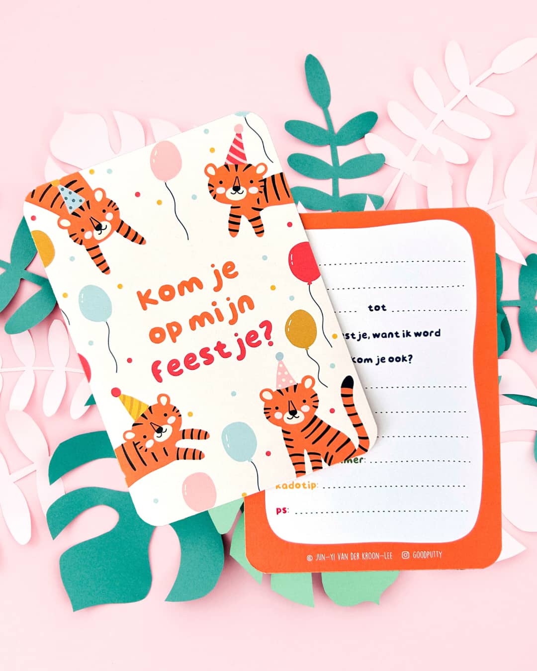 Two party invitations with tiger illustrations on a pink background with decorative elements.