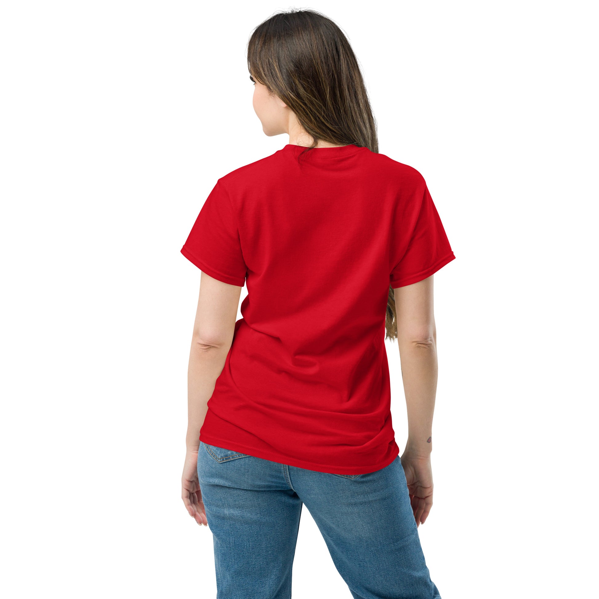 Person wearing a red t-shirt and blue jeans on a white background