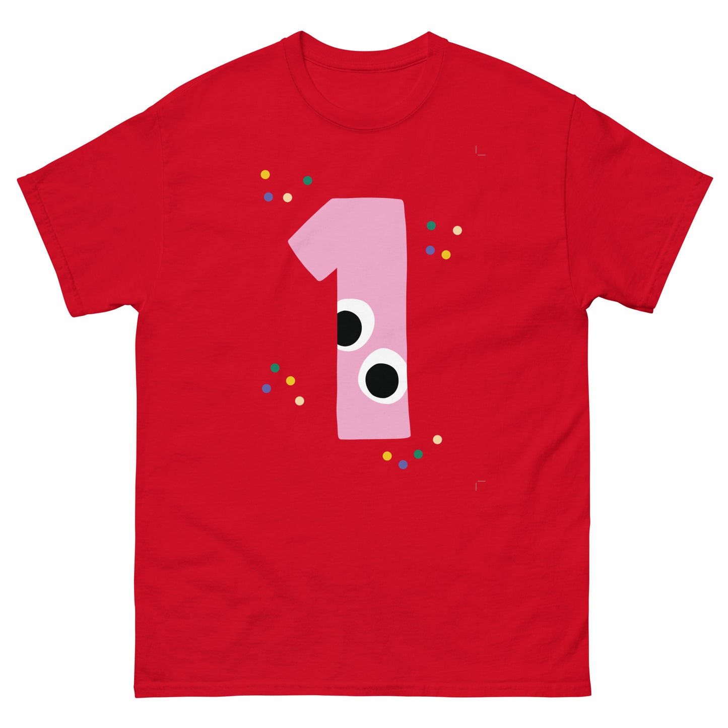 Red cotton t-shirt with a playful number one design on the front for parents at first birthday parties