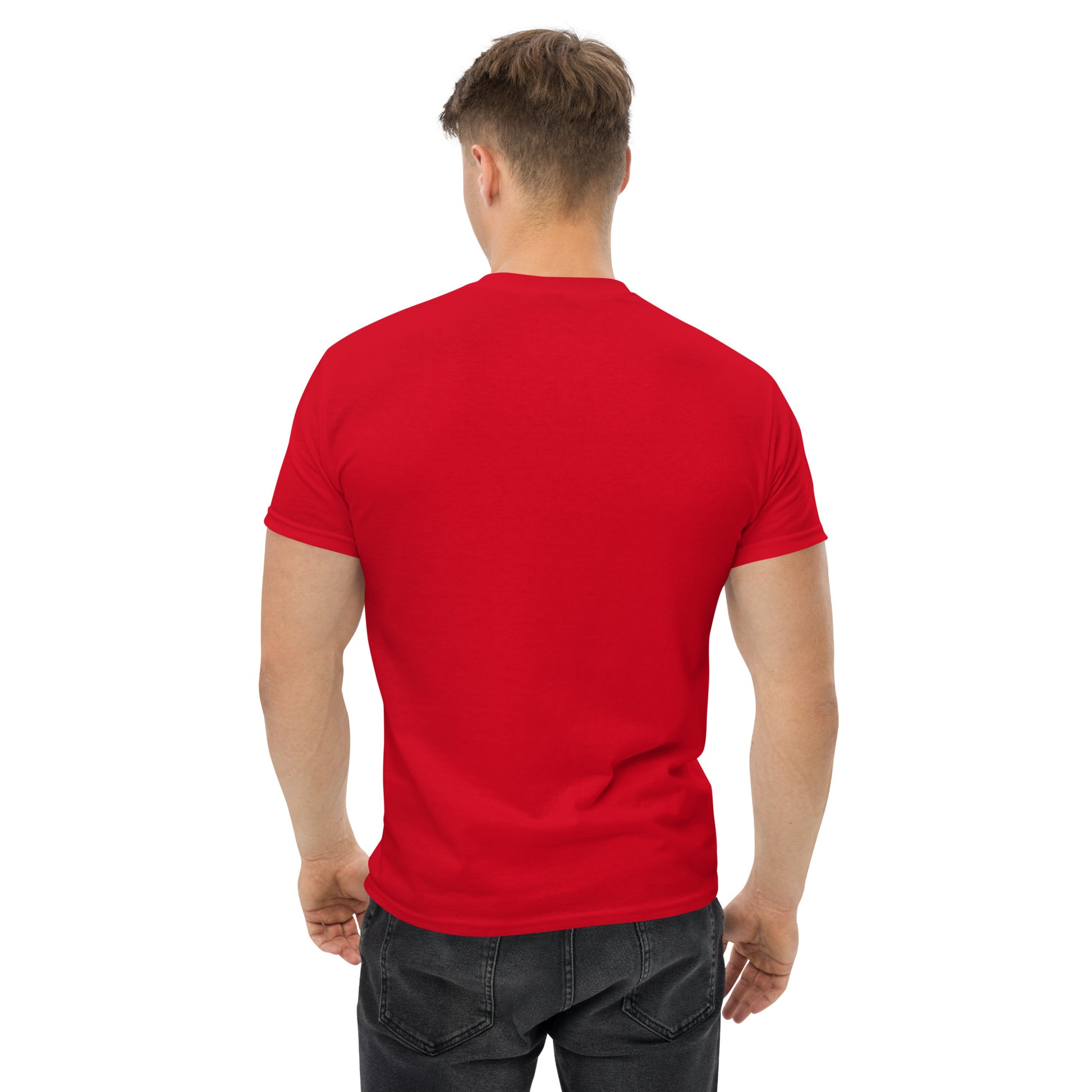 Man wearing a red t-shirt on a white background