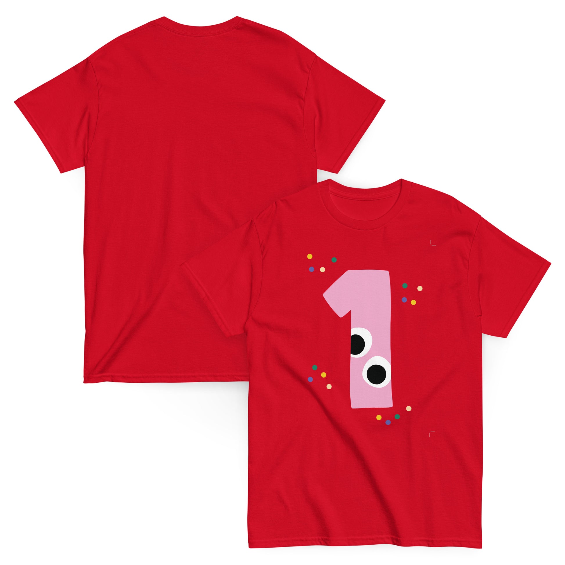 Red t-shirt with a number '1' design on the front, displayed from front and back views