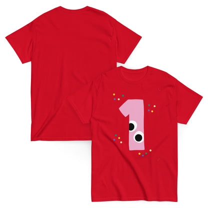 Red t-shirt with a number '1' design on the front, displayed from front and back views