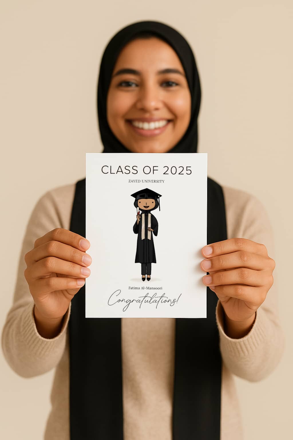 Person in hijab holding a graduation card with a personalised graduate illustration.