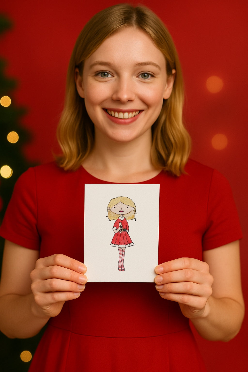 Woman holding a Christmas portrait card against a red background