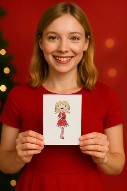 Woman holding a Christmas portrait card against a red background