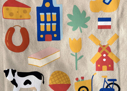 Close up of the Dutch tote bag with hand drawn icons from the Netherlands