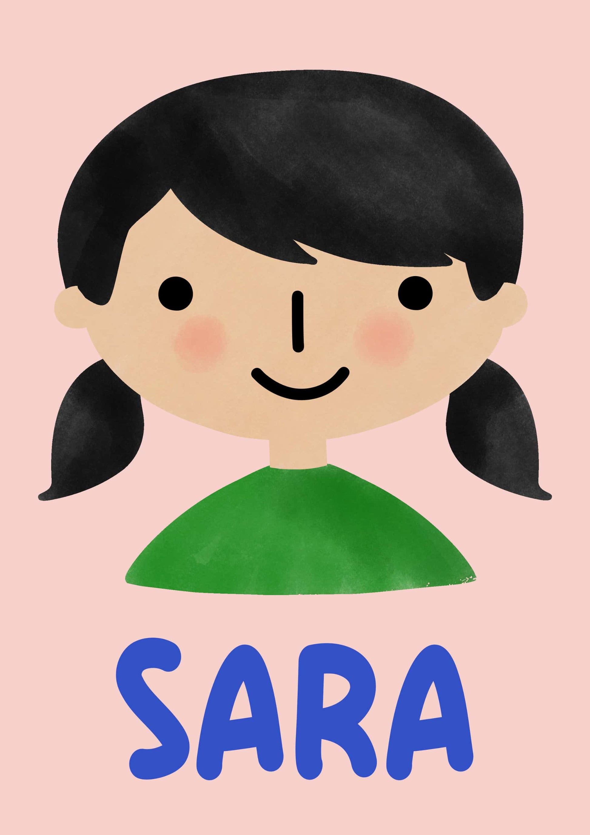 Illustration of a girl with pigtails and the name 'Sara' on a pink background
