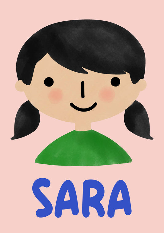 Illustration of a girl with pigtails and the name 'Sara' on a pink background