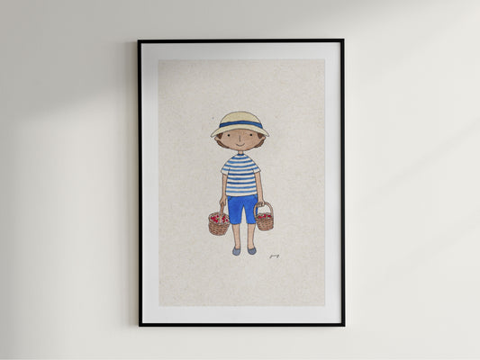 Strawberry Boy Art Print – Whimsical Summer Wall Art for Kitchen, Nursery or Home – A4 Fine Art Illustration – Unframed