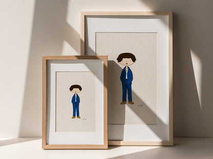 Two framed illustrations of Korean idol Jungkook in a suit on a light background