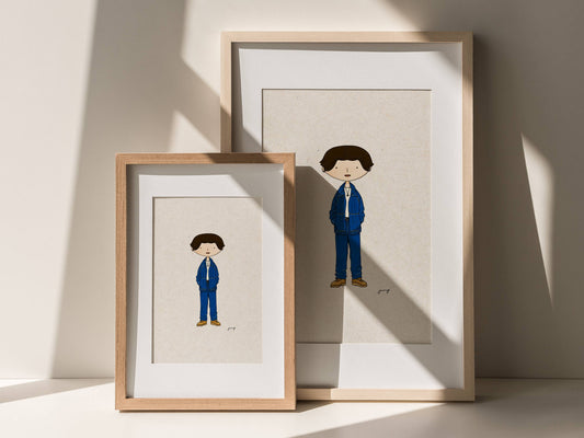 Two framed illustrations of Korean idol Jungkook in a suit on a light background