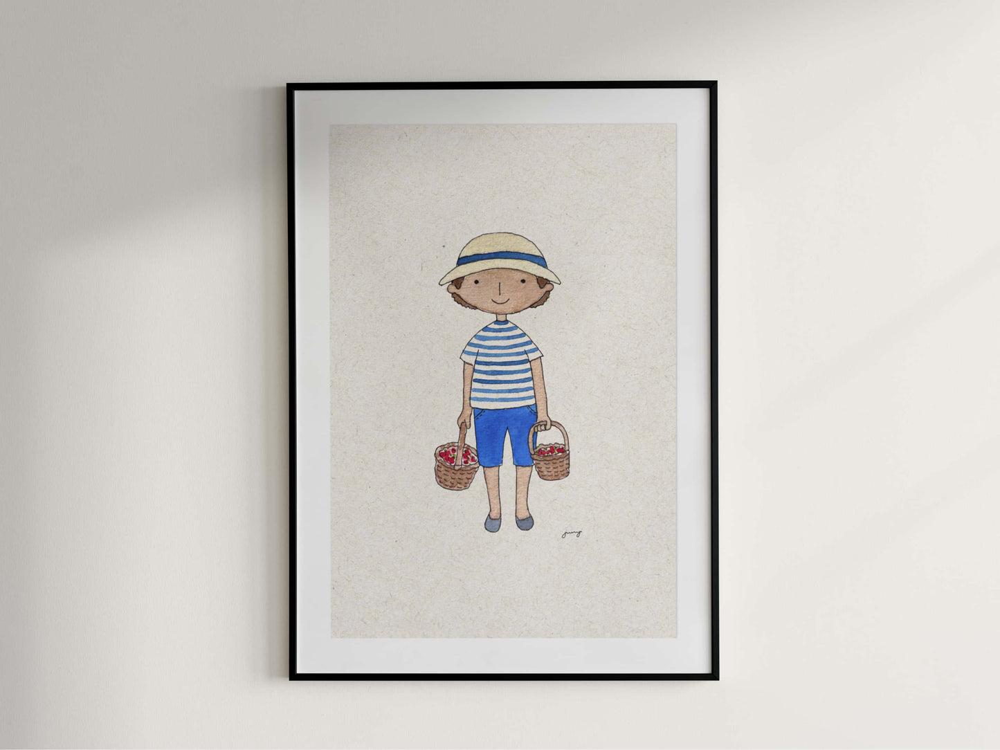 Framed artwork of a child holding baskets on a light background