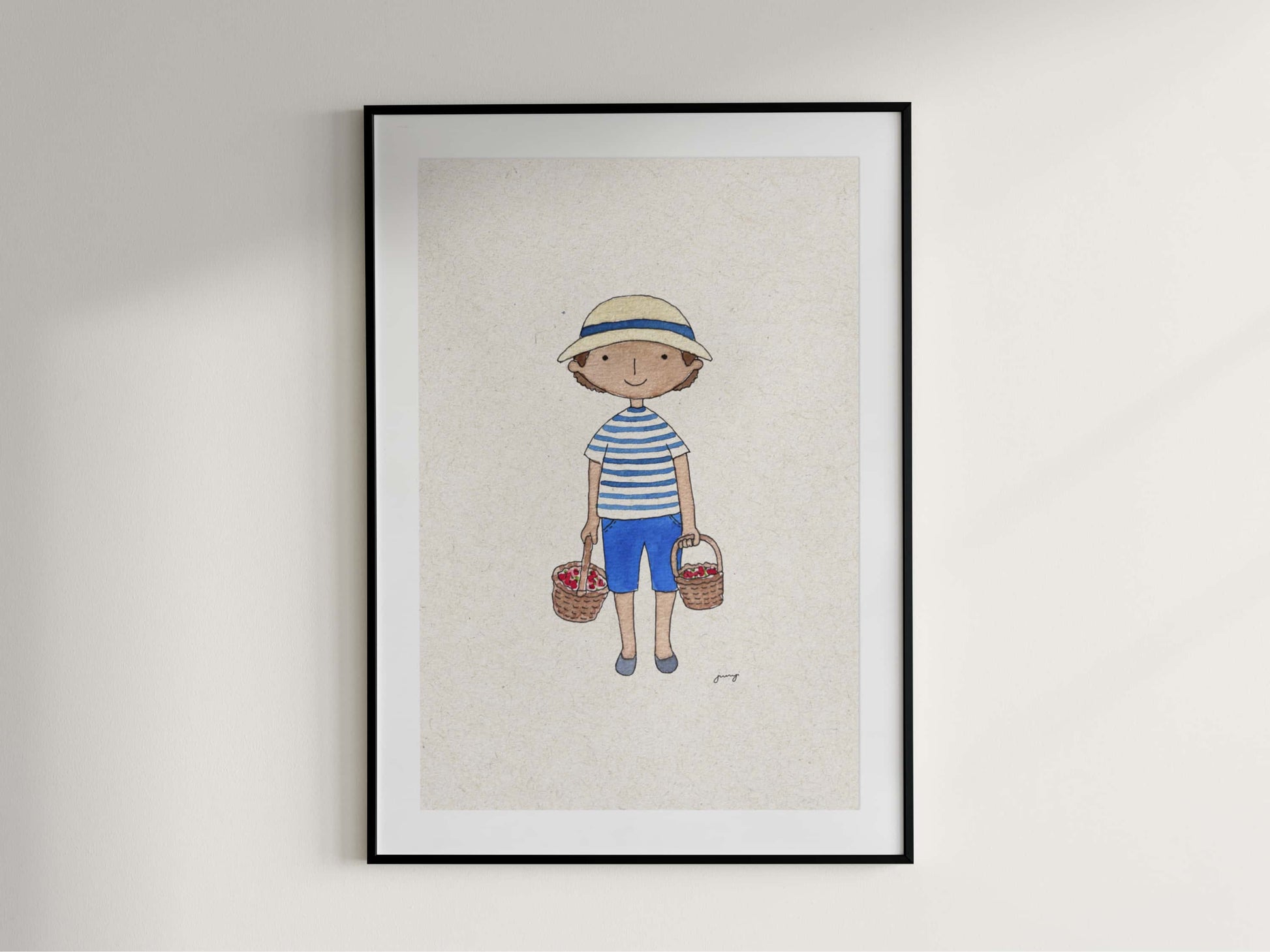 Framed artwork of a child holding baskets on a light background