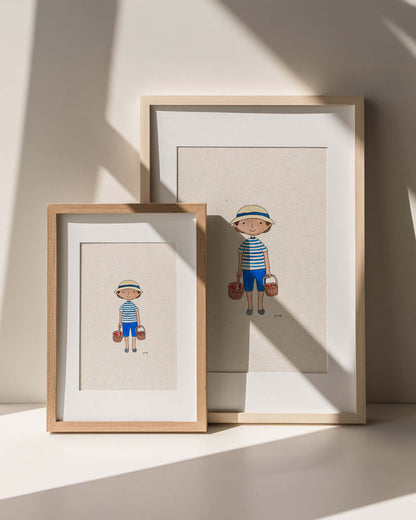 Two framed illustrations of a child in a striped shirt and shorts on a neutral background