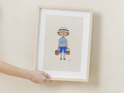 Framed illustration of a child holding flowers on a beige wall